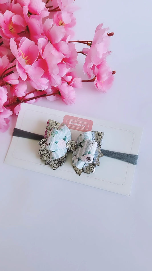 Silver Floral bow headband